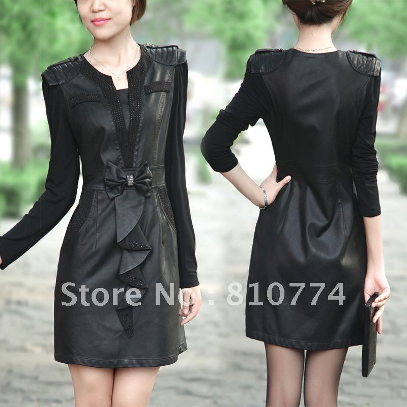 2012 autumn new arrival women's slim patchwork basic long-sleeve PU water washed leather skirt plus size one-piece dress