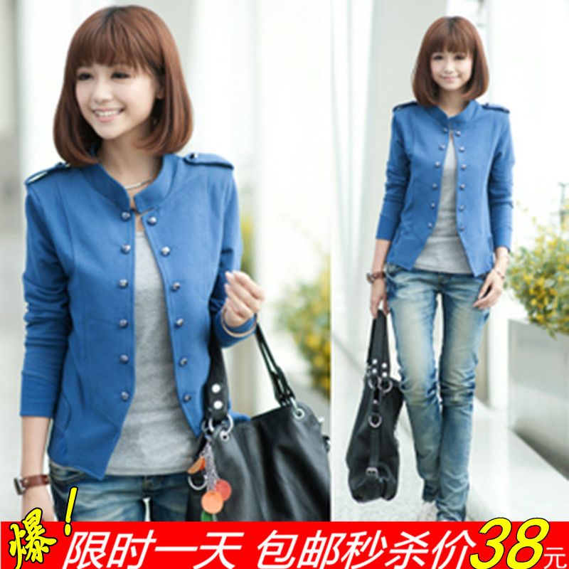 2012 autumn new arrival women's solid color stand collar epaulette double breasted short jacket slim coat female