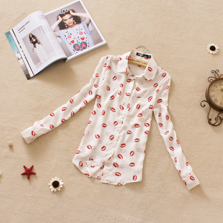 2012 autumn new arrival women's top vintage red lips fashion long-sleeve loose casual chiffon shirt