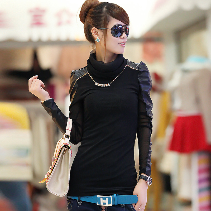 2012 autumn new arrival women's turtleneck gauze patchwork leather spring and autumn basic shirt long-sleeve T-shirt 140