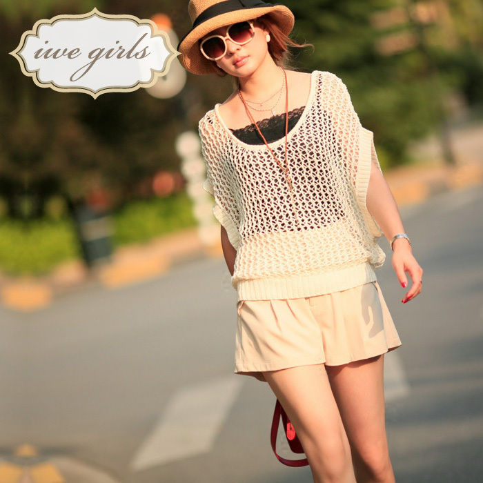 2012 autumn new arrival women's vintage mesh wide shoulder cutout short-sleeve sweater