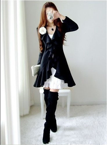 2012 Autumn New Fashion Gorgeous Ruffles Closure Long Black Woolen Coat Slim Fit Trench Coat, FREE SHIPPING