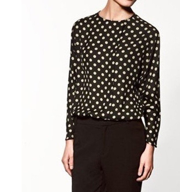 2012 Autumn new fashion Hepburn style womens' black white polka dot print elegant chiffon blouse casual t shirt long sleeve