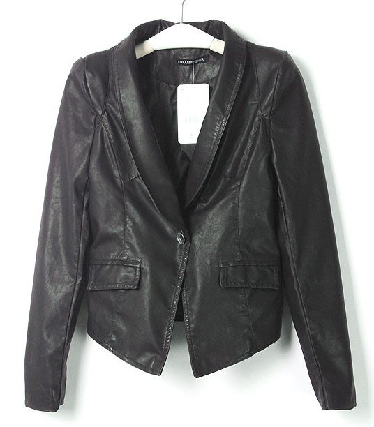 2012 Autumn New fashion Vintage OL Suits Women PU Leather Jackets Brand slim Coat Casual Outerwear classic Black Tops classic