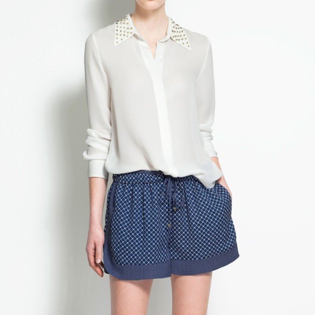 2012 Autumn new fashion  womens' chiffon Rivet collar OL style simple casual blouse white/black t shirt long sleeve elegant