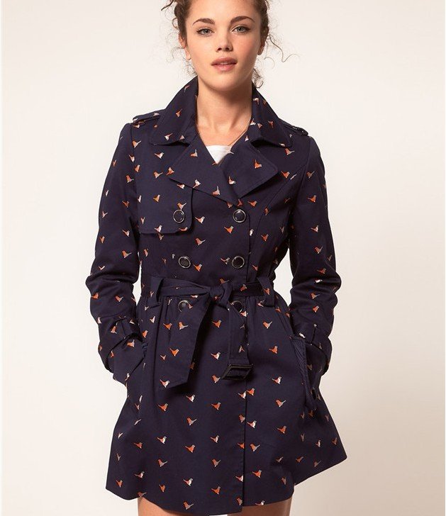 2012 Autumn New fashion womens' Double Breasted Bird print Trench Long Blue coat long coat elegant porket elegant slim outwear