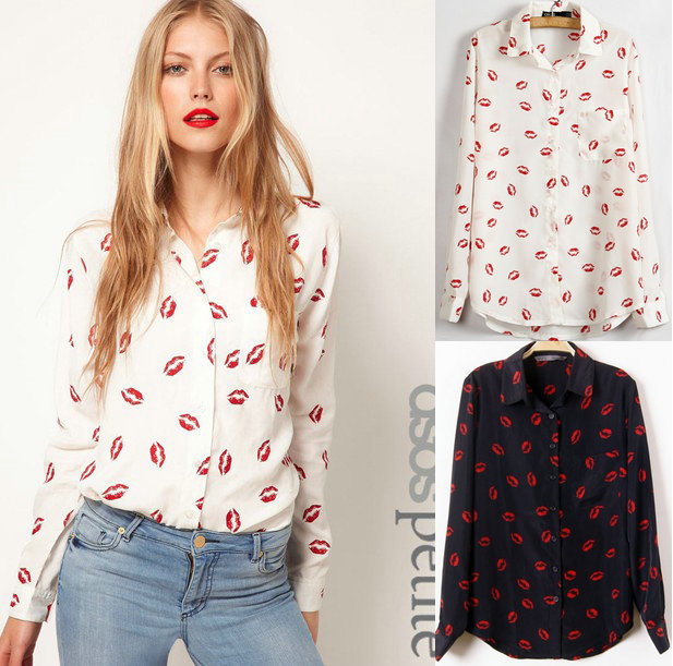 2012 Autumn new fashion womens' Hot Red lip print chiffon blouse quality elegant casual t shirt slim brand design free shipping