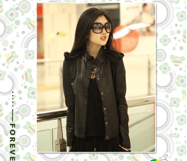 2012 Autumn New Fashion Womens Korea Chiffon Patchwork Puff Sleeve Top PU Leather Jacket Button Short Coat Outerwear P10-Black