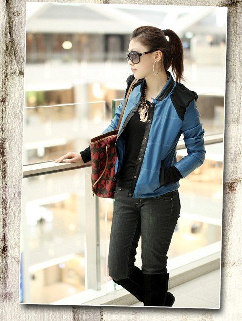 2012 Autumn New Fashion Womens Korea Chiffon Patchwork Puff Sleeve Top PU Leather Jacket Button Short Coat Outerwear P10-Blue