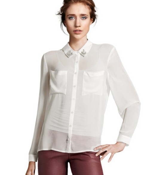2012 Autumn new fashion womens' OL elegant Jewelry collor blouse crystal diamond collor quality casual shirt slim transparent