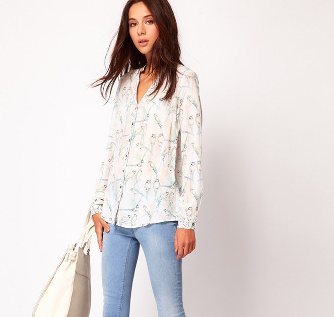 2012 Autumn new fashion womens' Parrot bird print chiffon blouse V neck long sleeve quality elegant casual t shirt slim brand