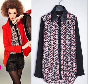 2012 Autumn new fashion womens' pink heart print chiffon blouse Removable PU collar quality elegant casual t shirt slim brand