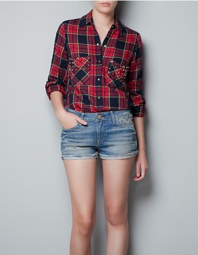 2012 Autumn new fashion womens' Plaid Rivet pockets blouse high quality elegant casual t shirt slim brand design free shipping