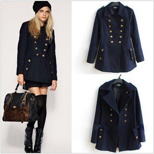 2012 Autumn New fashion Womens' Preppy Classic Trench Double-breasted Coat Brand Woolen Military Jacket Blue Casual Vintage