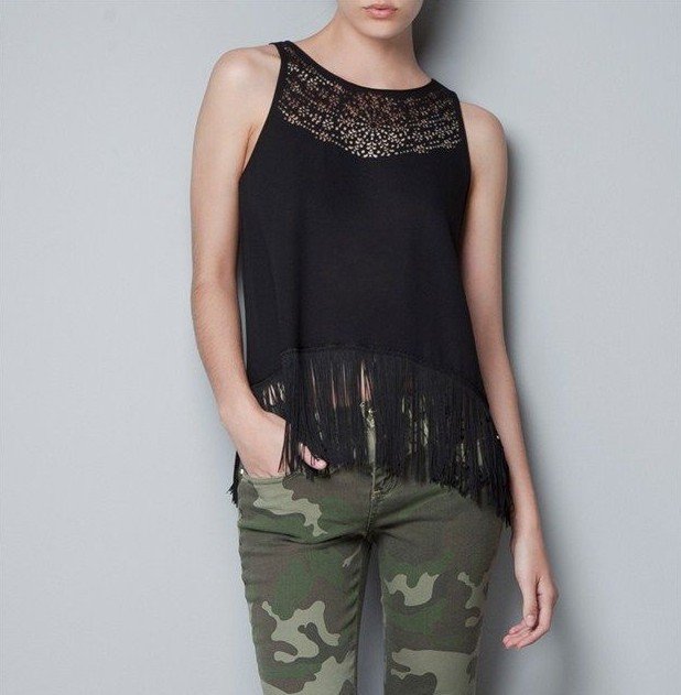 2012 Autumn new fashion womens' Sexy hollow out Tassel Tops blouse quality elegant casual t shirt slim classic black tees vest