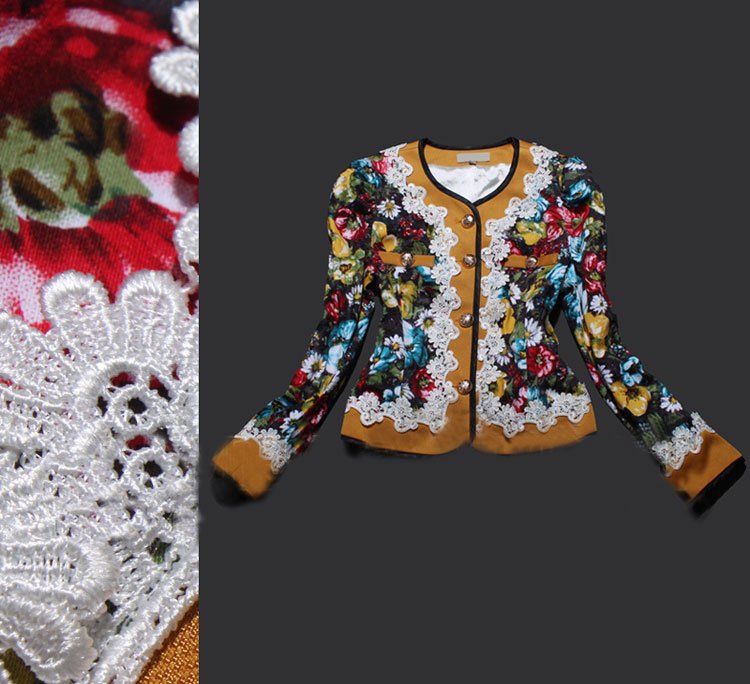 2012 Autumn New Floral Printing Lace Patchwork Fashion Jacket Women Sophisticated Coat Outwear SS12415