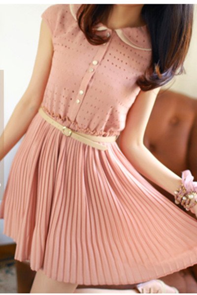 2012 Autumn New Korean Summer women's Sweet One-piece Dress FAshion Pleated Chiffon Mini Dress Hollow Out (With Belt)QZ072