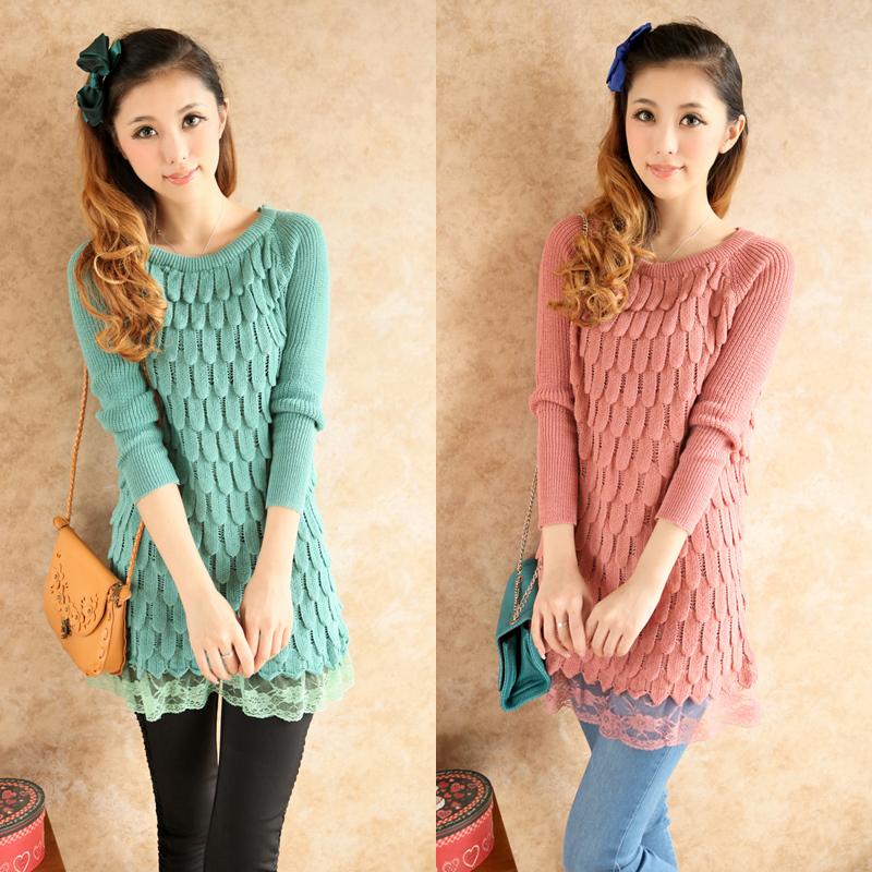 2012 Autumn New Sweet Lace Knit Long Sleeve Slim Fashion Sweater Coat