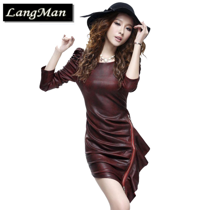 2012 autumn nrx6967 faux leather serpentine pattern irregular zipper bag one-piece dress