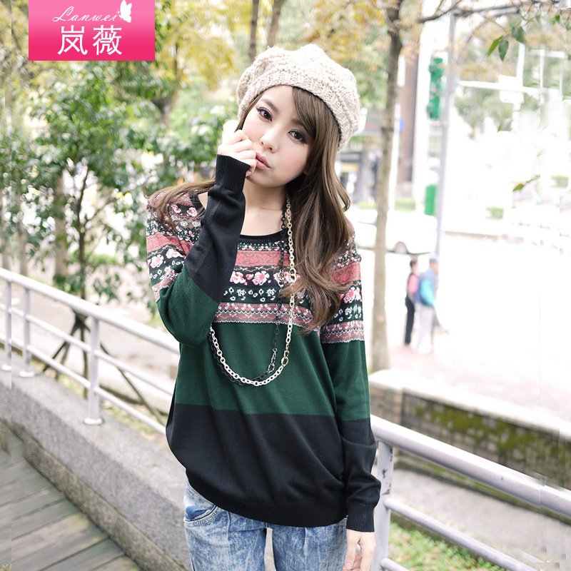 2012 autumn o-neck jacquard color block decoration Women sweater
