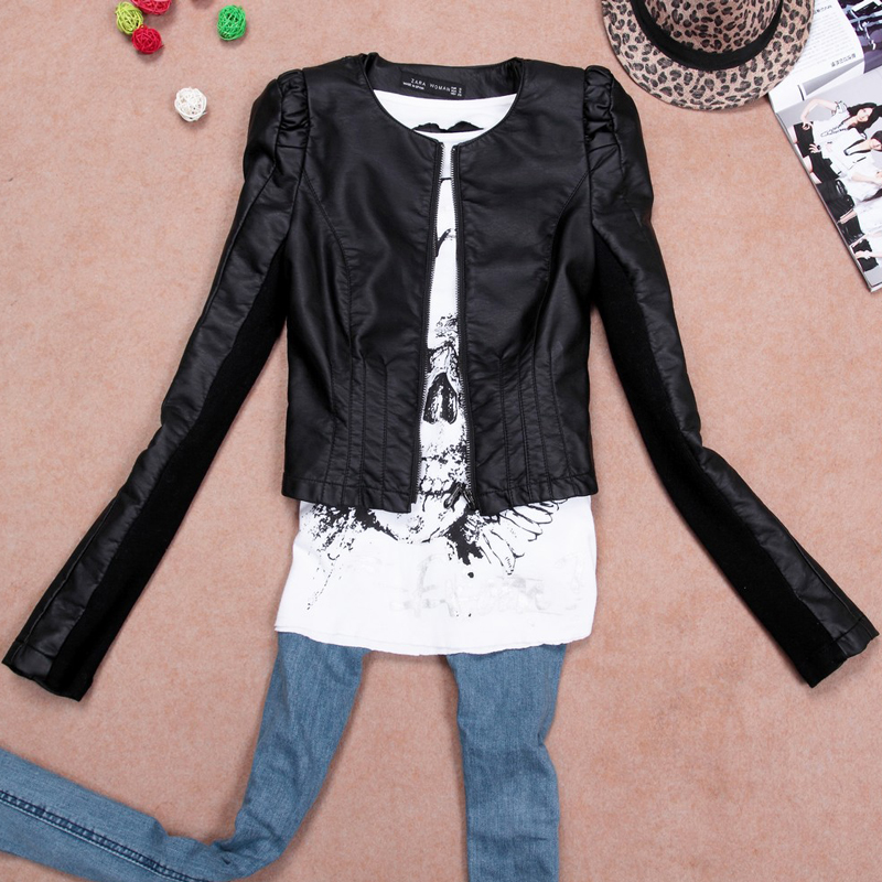 2012 autumn o-neck slim water wash PU outerwear female short design puff sleeve motorcycle leather clothing