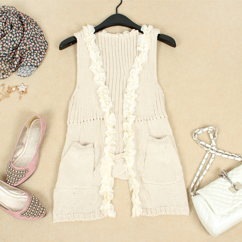 2012 autumn OL outfit chiffon front fly long after short knitted vest small vest