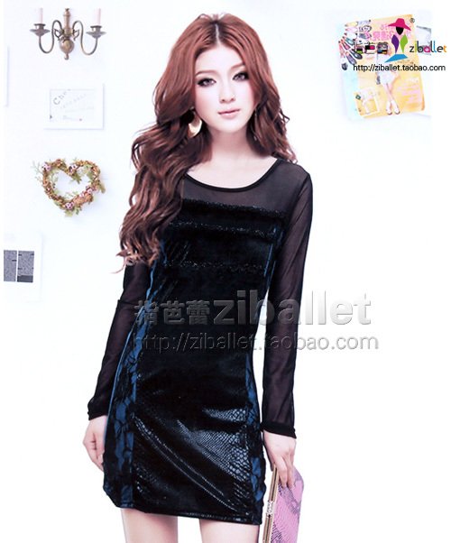 2012 autumn one-piece dress faux leather gauze lace slim hip skirt star brooch slim dress female