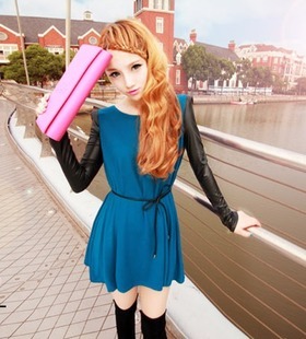 2012 autumn one-piece dress patchwork knitted high waist one-piece dress slim waist leather belt
