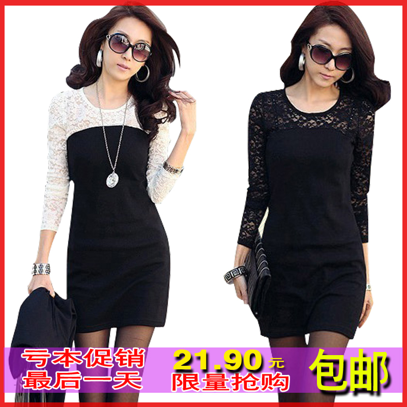 2012 autumn one-piece dress slim plus size clothing lace patchwork long-sleeve basic skirt