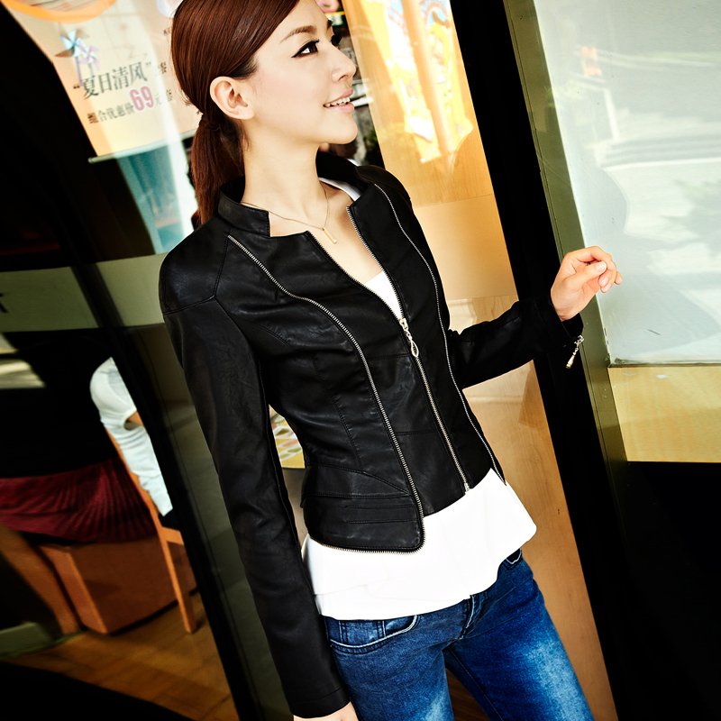 2012 autumn outerwear blue temptation women's small leather clothing female short design slim PU jacket 21g3708