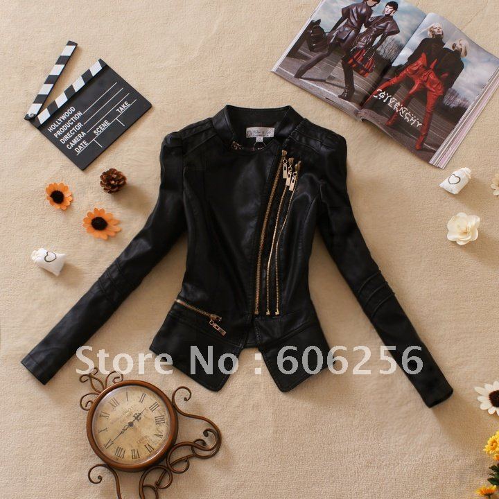2012 autumn outerwear fashion gold zipper puff sleeve Women stand collar short  slim motorcycle leather clothing