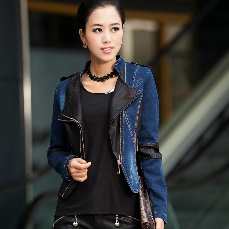 2012 autumn outerwear fashion motorcycle zipper short design slim PU women's small leather clothing female denim patchwork