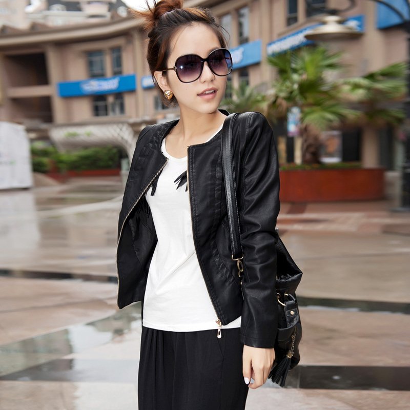 2012 autumn outerwear female short design slim water washed leather clothing PU jacket o-neck outerwear 0705 black
