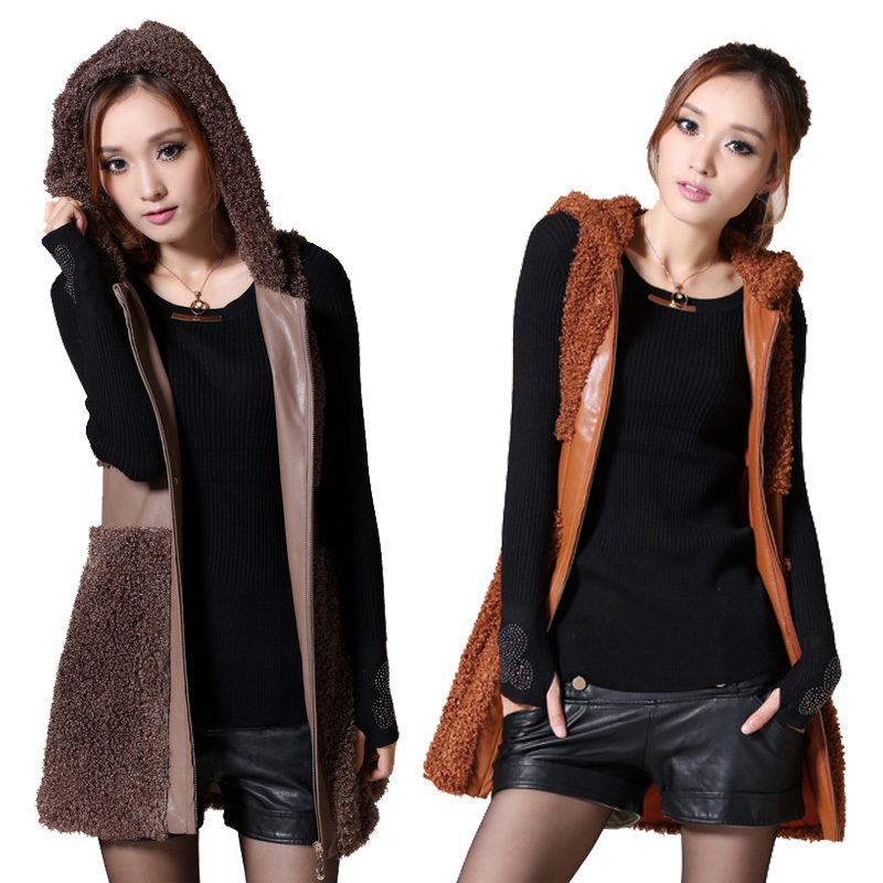 2012 autumn outerwear female slim with a hood casual sleeveless vest long design leather clothing female spring and autumn
