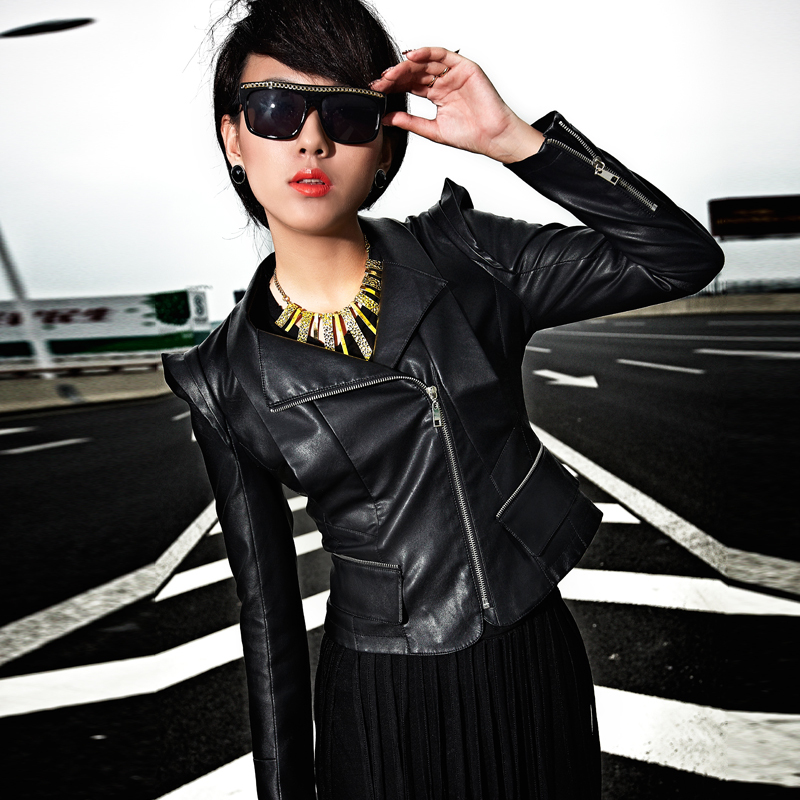 2012 autumn outerwear motorcycle small leather clothing women's short design slim PU jacket outerwear 21g3721