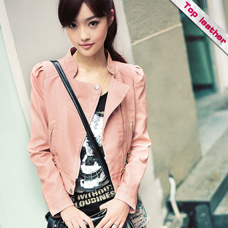 2012 autumn outerwear pink sweet gentlewomen short design slim stand collar small leather clothing women's f103