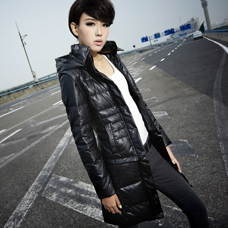 2012 autumn outerwear the disassemblability women's small leather clothing female long design slim PU down coat 21y4232