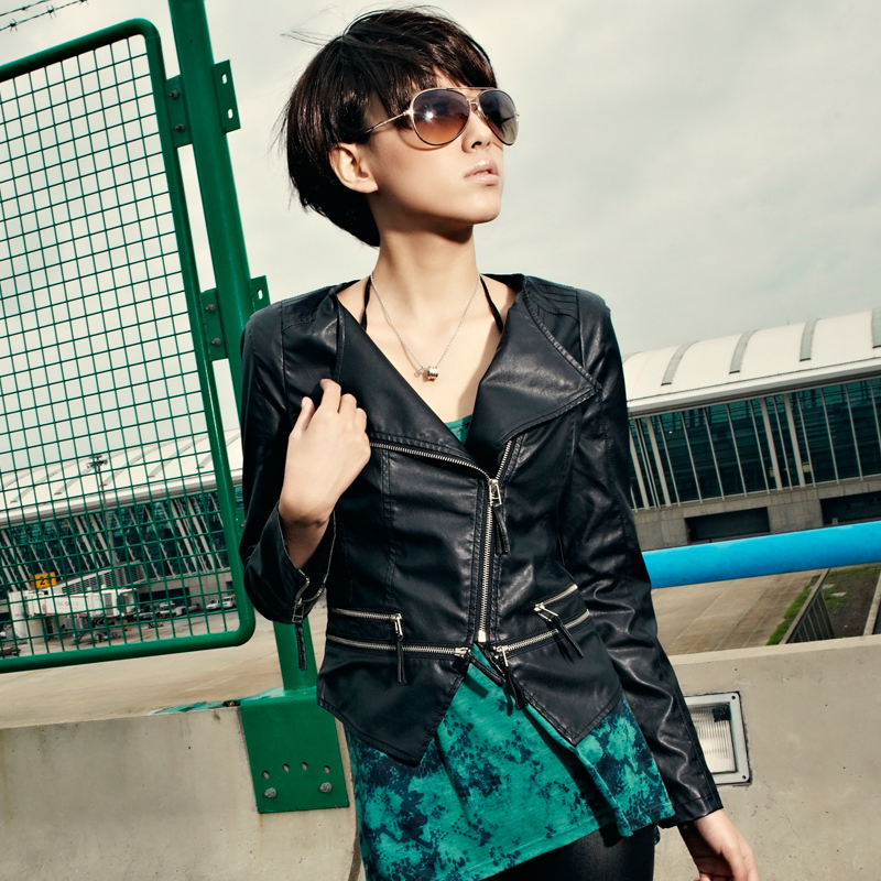 2012 autumn outerwear women's small leather clothing female short design slim PU jacket 11g3566