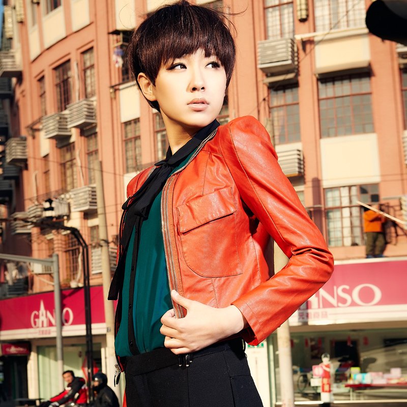 2012 autumn outerwear women's small leather clothing female short design slim PU jacket 11g3591