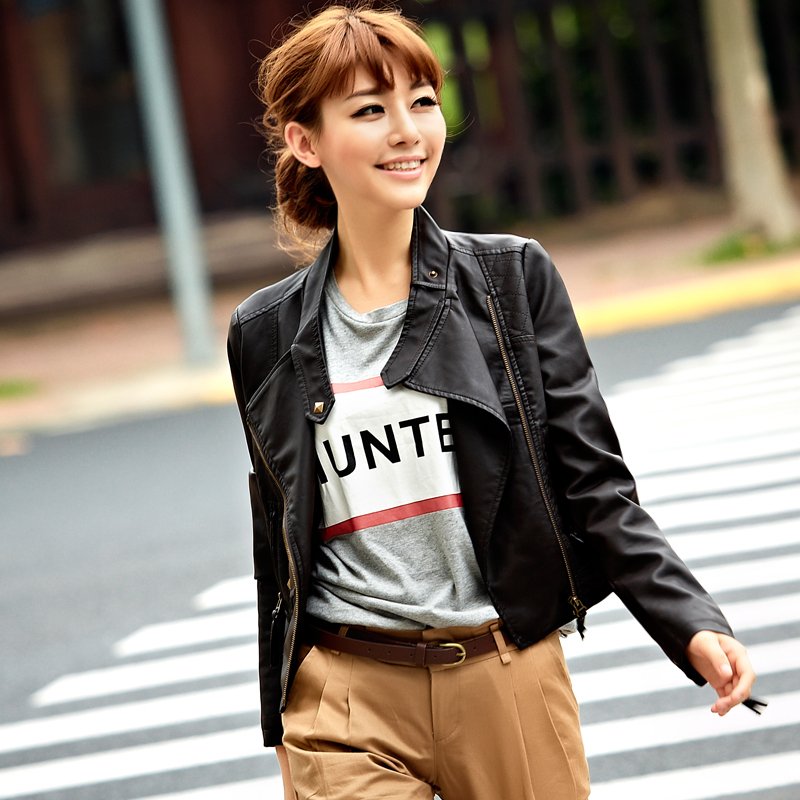 2012 autumn outerwear women's small leather Zipper clothing female short design slim PU jacket size XL