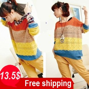 2012 autumn outwear multicolour wave stripe cutout batwing sleeve loose fashion sweater  3 colors
