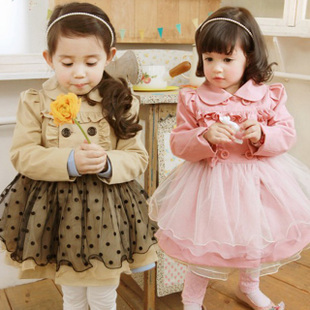 2012 autumn paragraph peter pan collar yarn skirt female child trench overcoat child female child outerwear