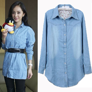 2012 autumn pearl buckle long-sleeve Women thin denim shirt women's plus size medium-long outerwear