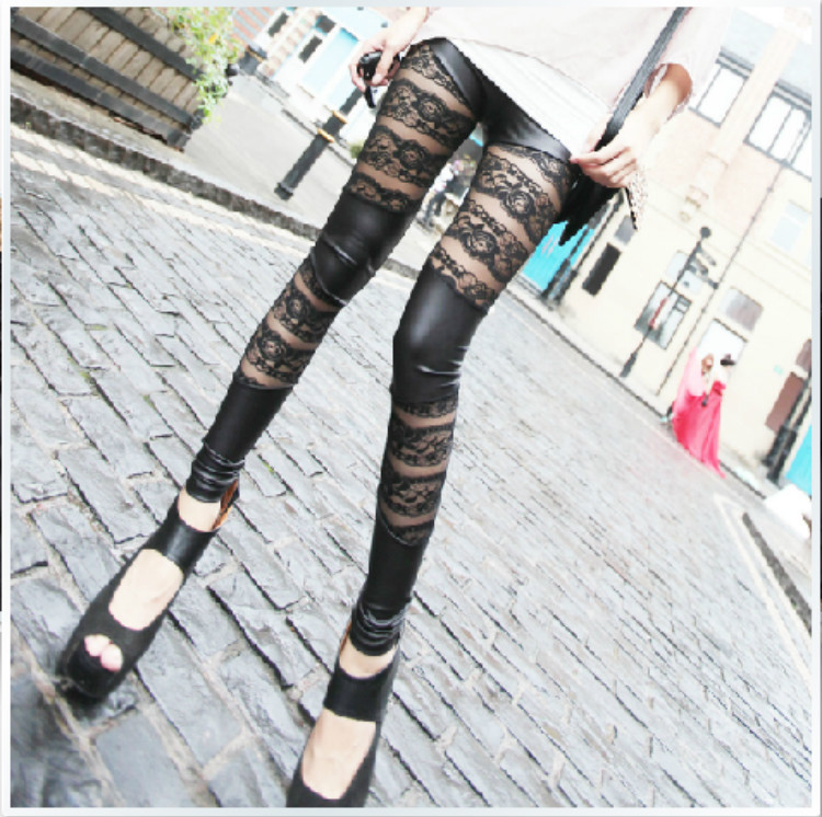 2012 autumn pencil pants rose lace faux leather horizontal stripe double ankle length legging female c207