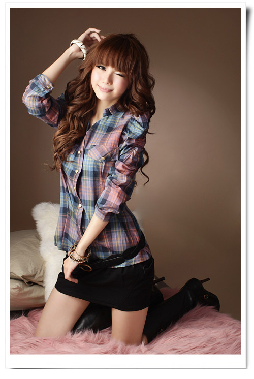 2012 autumn plus size clothing plaid slim long-sleeve shirt top female