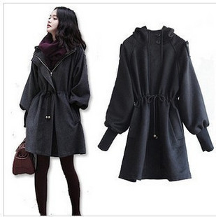2012 autumn plus size clothing slim trench overcoat sheep cashmere with a hood drawstring woolen outerwear