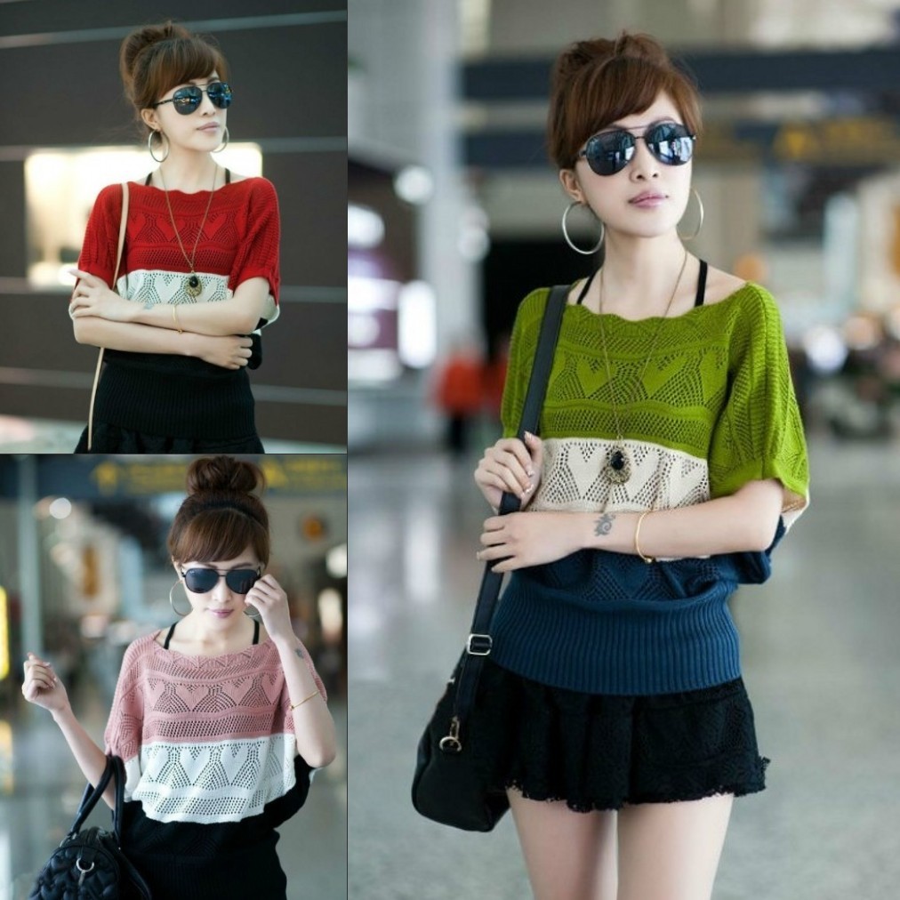 2012 autumn plus size sweater thin short design outerwear batwing sleeve cutout o-neck patchwork shirt female