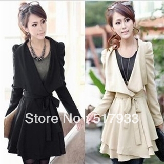 2012 autumn puff princess sleeve slim pleated large lapel irregular long-sleeve medium-long trench outerwear