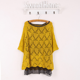 2012 autumn pullover half sleeve sweater female mesh lace lining red yellow