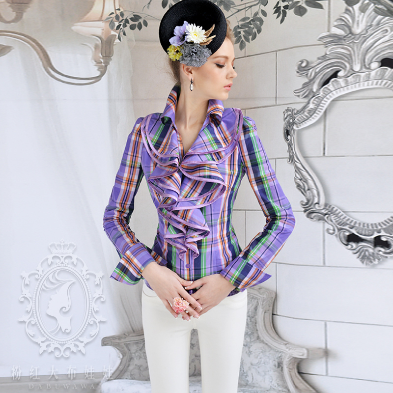 2012 Autumn purple plaid turn-down collar ruffle long-sleeve shirt / blouses